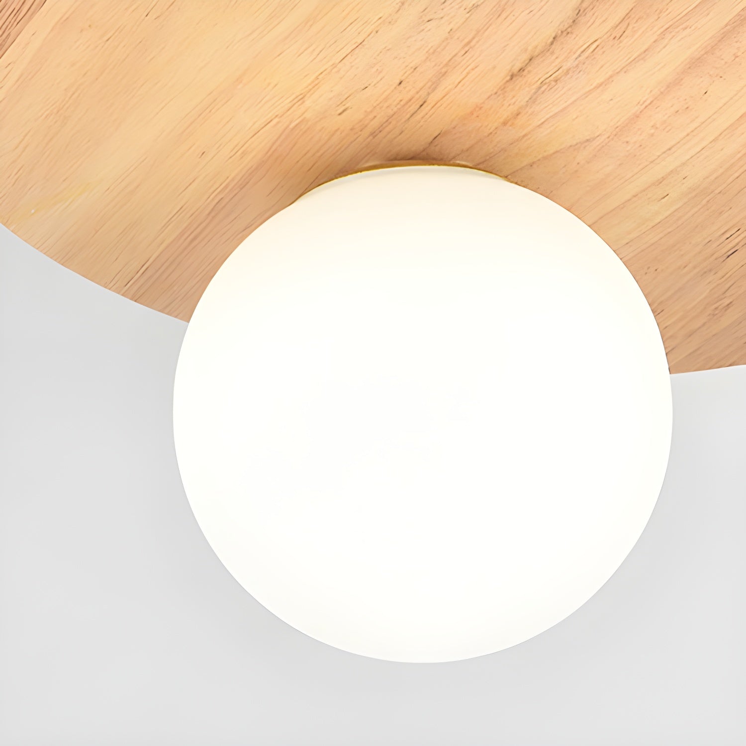 Modern Natural Wood Flush Mount Globe Ceiling Light with White Glass Shade - 14 inches