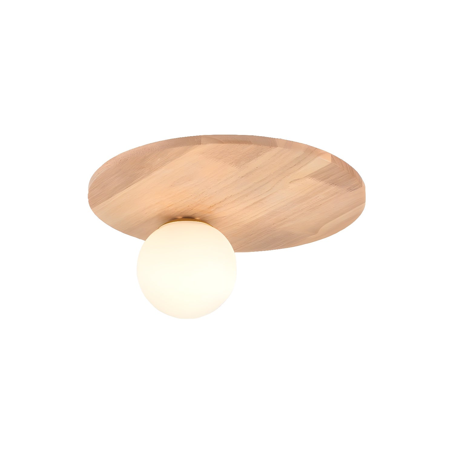 Modern Natural Wood Flush Mount Globe Ceiling Light with White Glass Shade - 14 inches