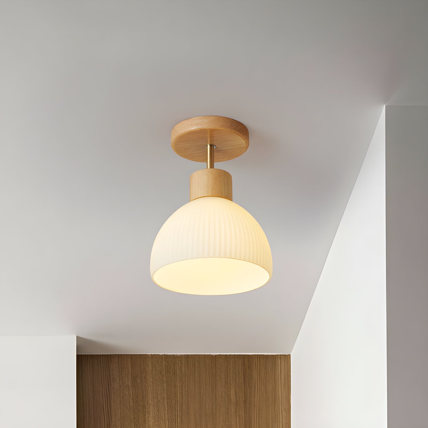 Natural Wood Semi-Flush Mount Ceiling Light with White Glass Bowl Shade