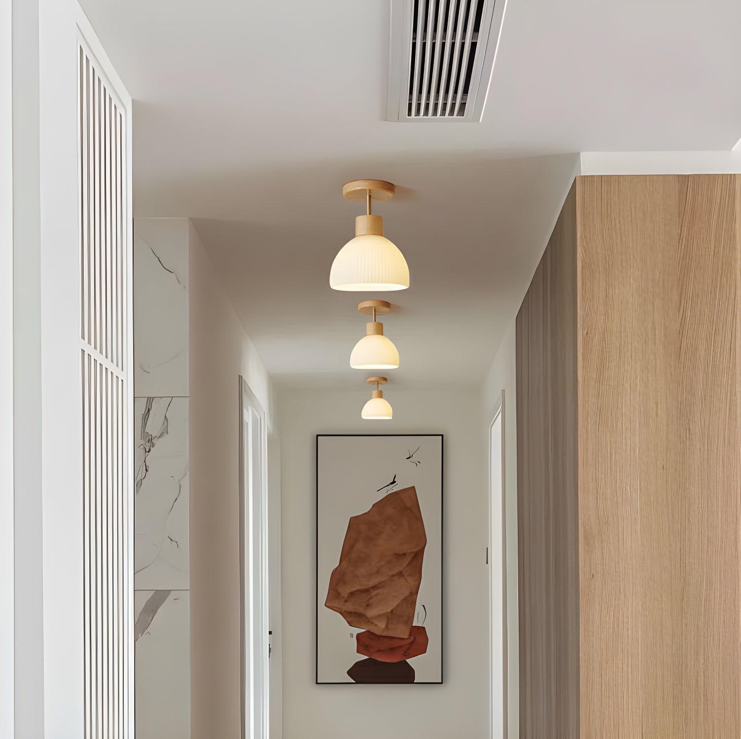 Natural Wood Semi-Flush Mount Ceiling Light with White Glass Bowl Shade