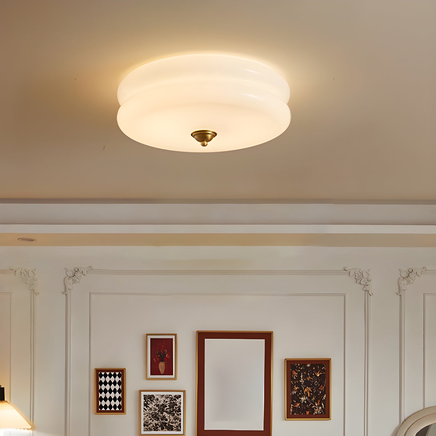 White Circle Modern Flush Mount Ceiling Light with White Glass Shade