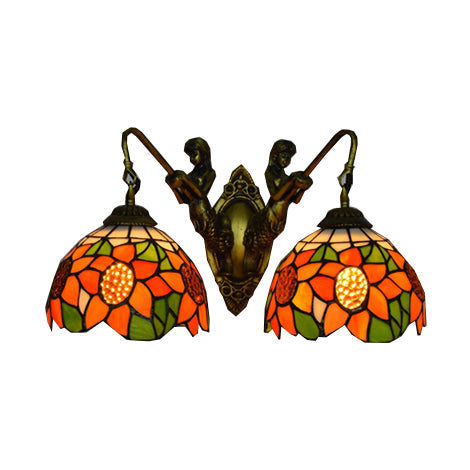 Flower Wall Light Fixture Tiffany Orange-Green/Orange-Yellow Glass 2 Heads Antique Brass Sconce Light Clearhalo 'Industrial' 'Middle century wall lights' 'Tiffany wall lights' 'Tiffany' 'Wall Lamps & Sconces' 'Wall Lights' Lighting' 100177