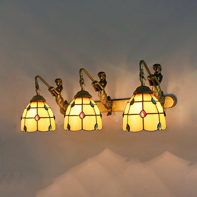 Jeweled Wall Light Fixture 3 Heads Yellow-White/Clear/Yellow-Blue Glass Tiffany Sconce Lighting with Mermaid Backplate Yellow Clearhalo 'Industrial' 'Middle century wall lights' 'Tiffany wall lights' 'Tiffany' 'Wall Lamps & Sconces' 'Wall Lights' Lighting' 100225