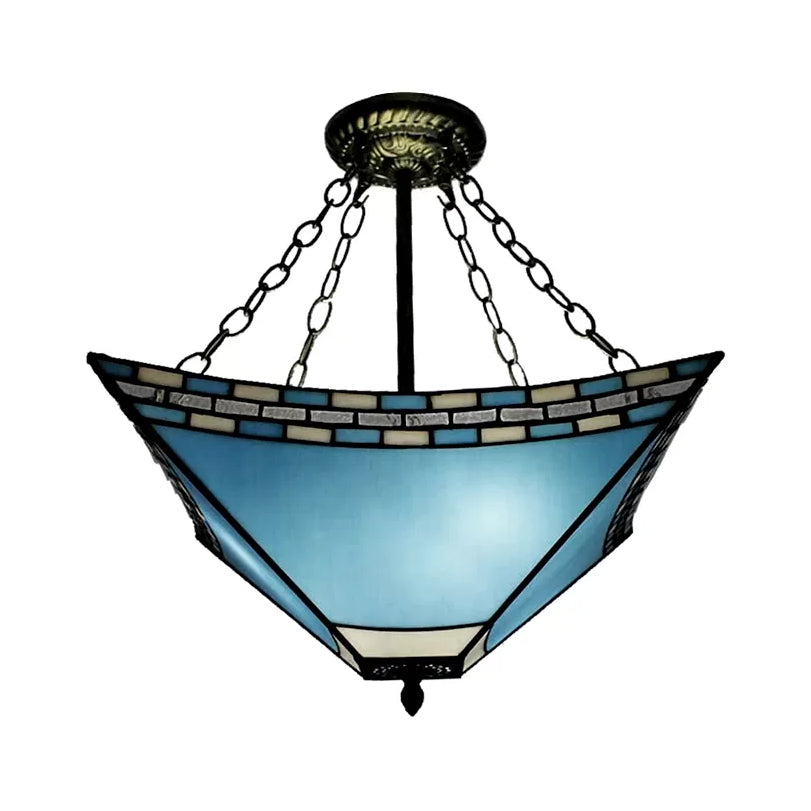 Bedroom Ceiling Lights Tiffany, 3-Lights Pyramid Semi Flush Light with Chain and Stained Glass Shade, 18" High x 18" in Diameter Clearhalo 'Ceiling Lights' 'Close To Ceiling Lights' 'Close to ceiling' 'Glass shade' 'Glass' 'Semi-flushmount' 'Tiffany close to ceiling' 'Tiffany' Lighting' 10023