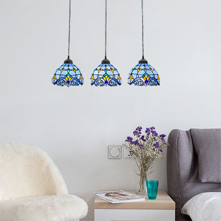 Victorian Dome Pendant Light Stained Glass 3 Heads Linear/Round Hanging Light in White/Blue for Dining Room Blue Linear Clearhalo 'Ceiling Lights' 'Chandeliers' 'Industrial' 'Middle Century Pendants' 'Pendant Lights' 'Pendants' 'Tiffany close to ceiling' 'Tiffany Pendants' 'Tiffany' Lighting' 100241