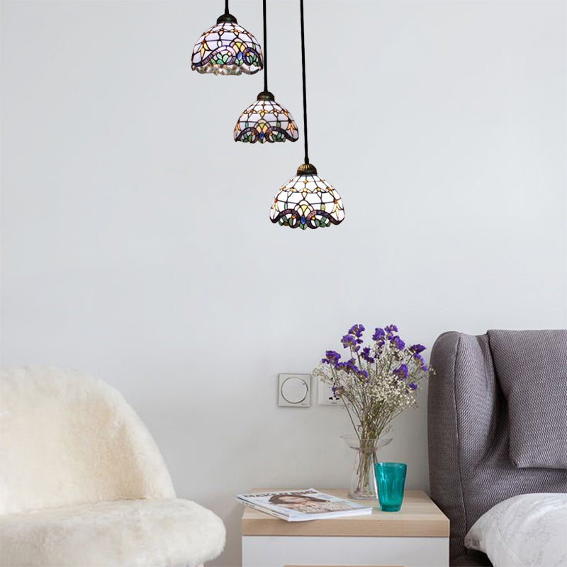 Victorian Dome Pendant Light Stained Glass 3 Heads Linear/Round Hanging Light in White/Blue for Dining Room White Round Clearhalo 'Ceiling Lights' 'Chandeliers' 'Industrial' 'Middle Century Pendants' 'Pendant Lights' 'Pendants' 'Tiffany close to ceiling' 'Tiffany Pendants' 'Tiffany' Lighting' 100244