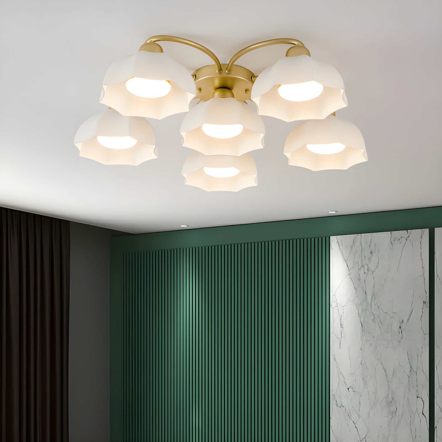 Modern Gold Dome Semi-Flush Mount Ceiling Light Elegant White Glass Shade