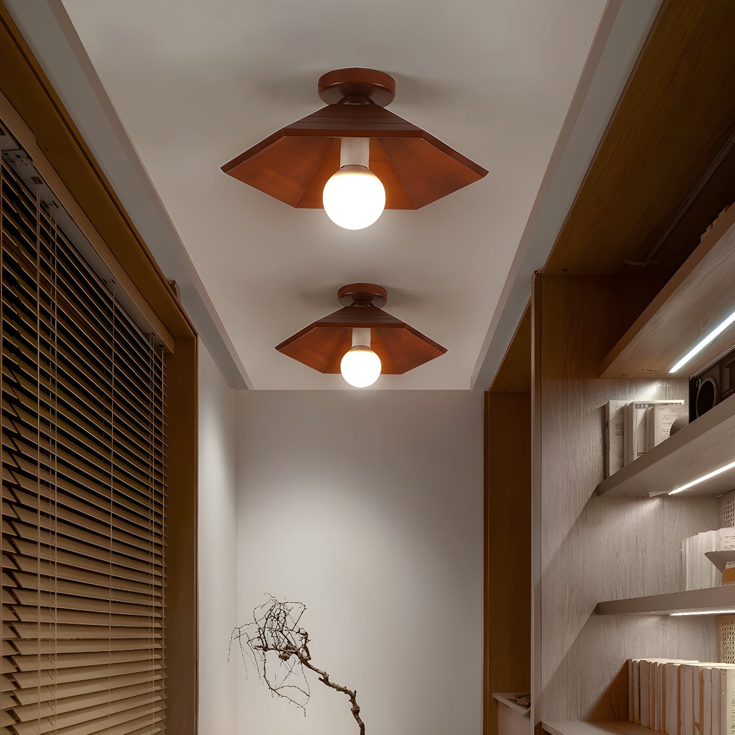 Brown Wood Semi-Flush Mount Ceiling Light with Cone Shaped Shade