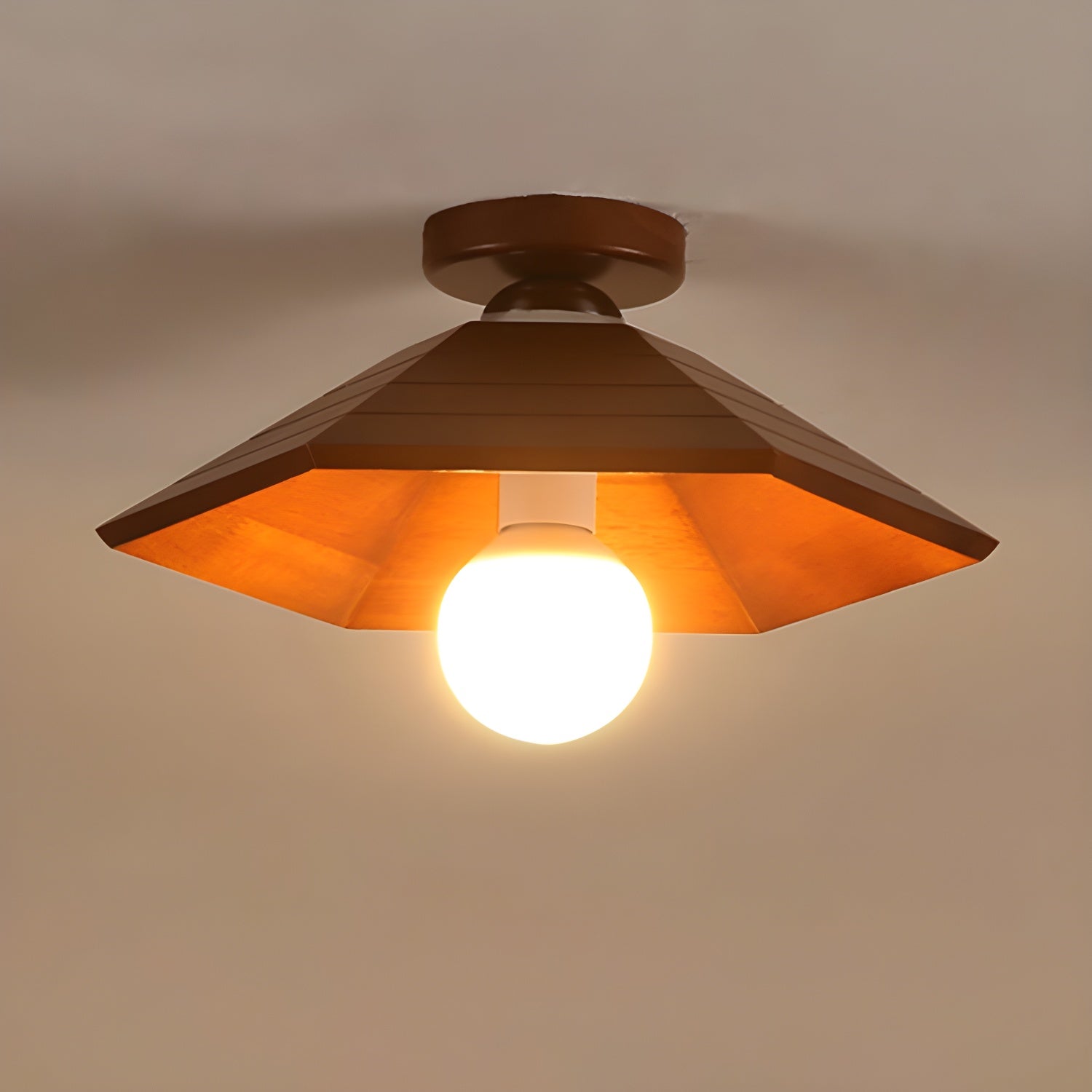 Brown Wood Semi-Flush Mount Ceiling Light with Cone Shaped Shade