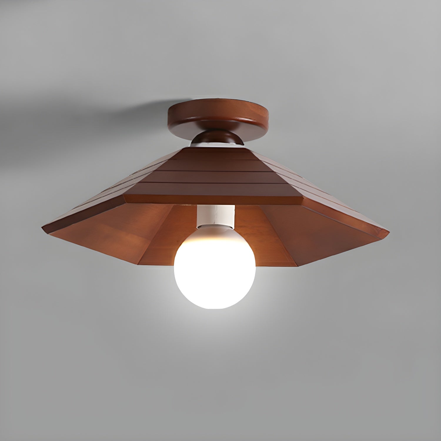 Brown Wood Semi-Flush Mount Ceiling Light with Cone Shaped Shade