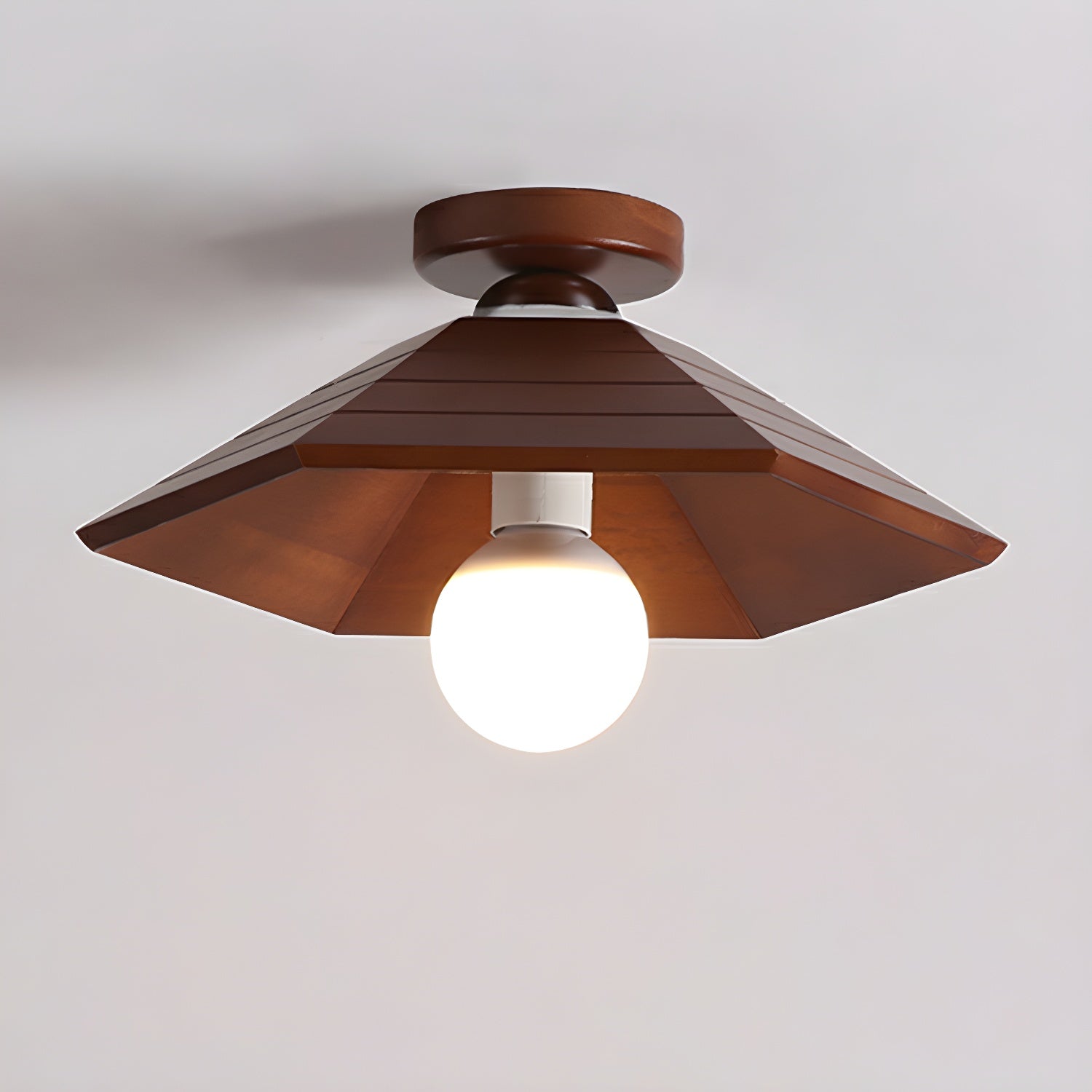 Brown Wood Semi-Flush Mount Ceiling Light with Cone Shaped Shade