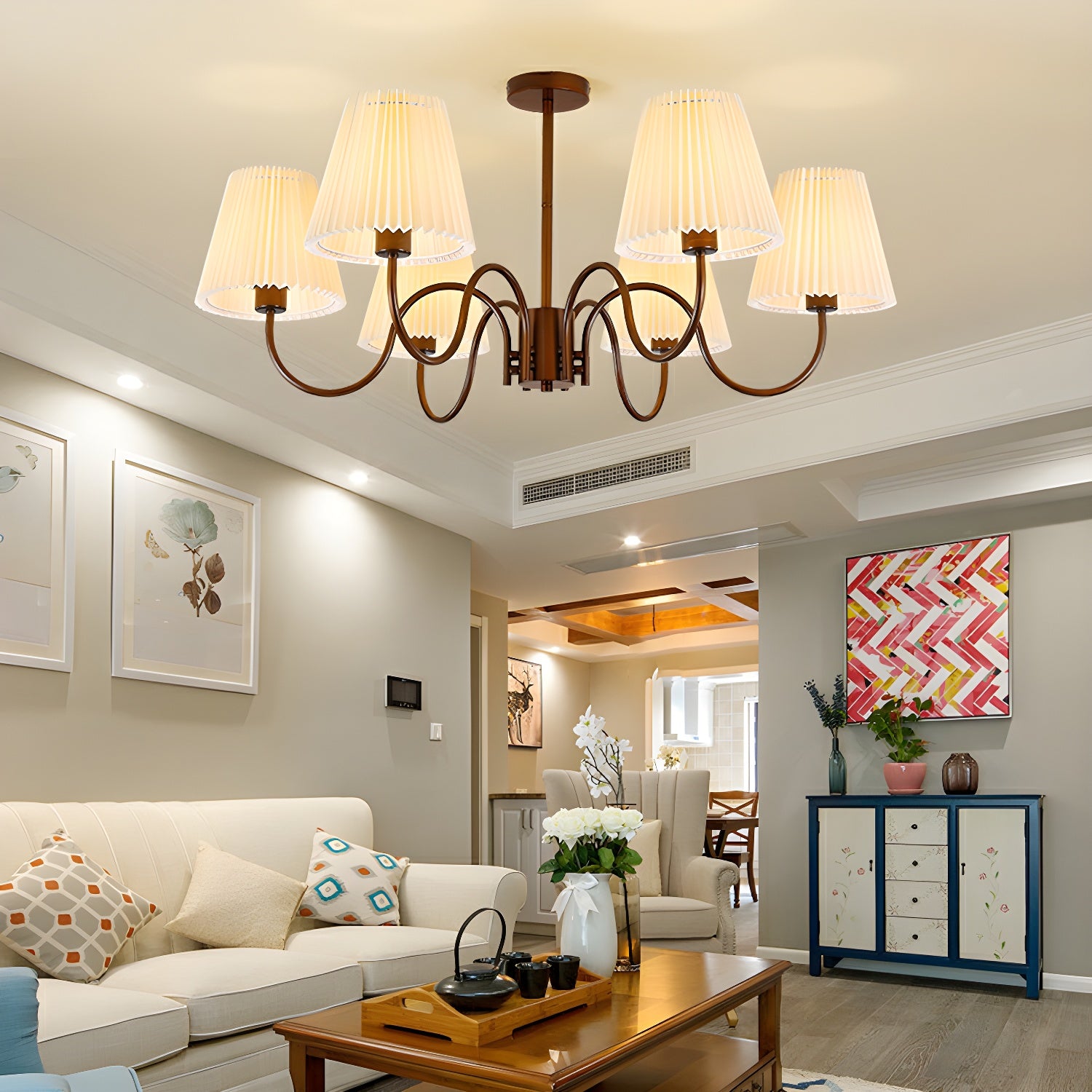 Geometric Brown Metal Semi-Flush Mount Ceiling Light with White Fabric Shade Size 25 Inch & Above