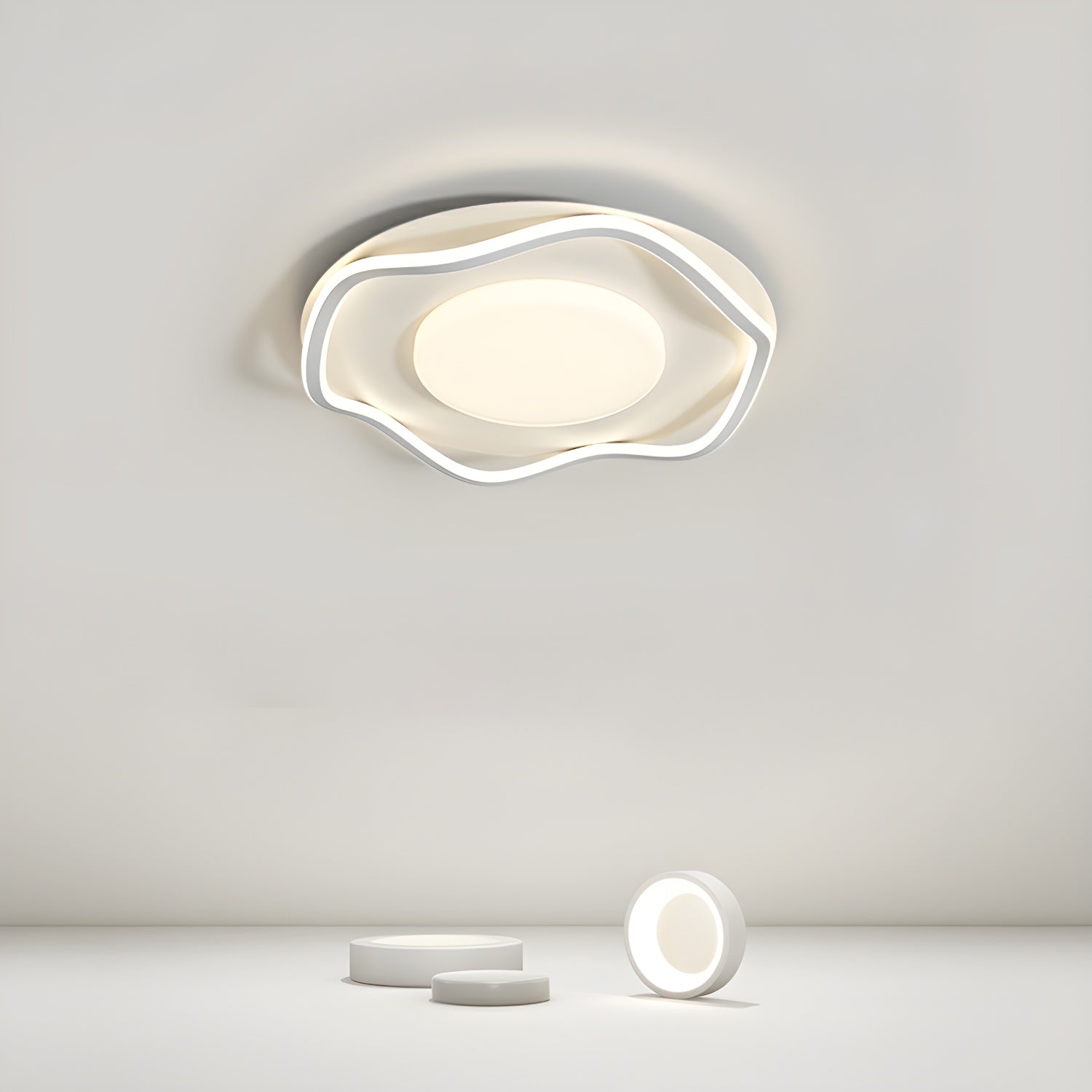 White Modern Circle Flush Mount Ceiling Light with Plastic Shade for Residential Use