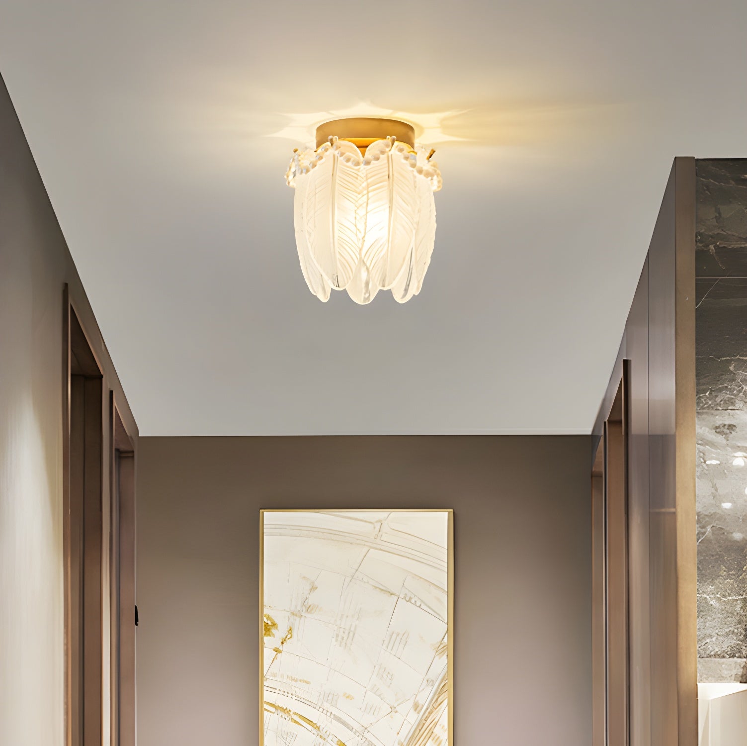 Modern Geometric 1-Light Gold Semi-Flush Ceiling Light with Frosted Glass Shade