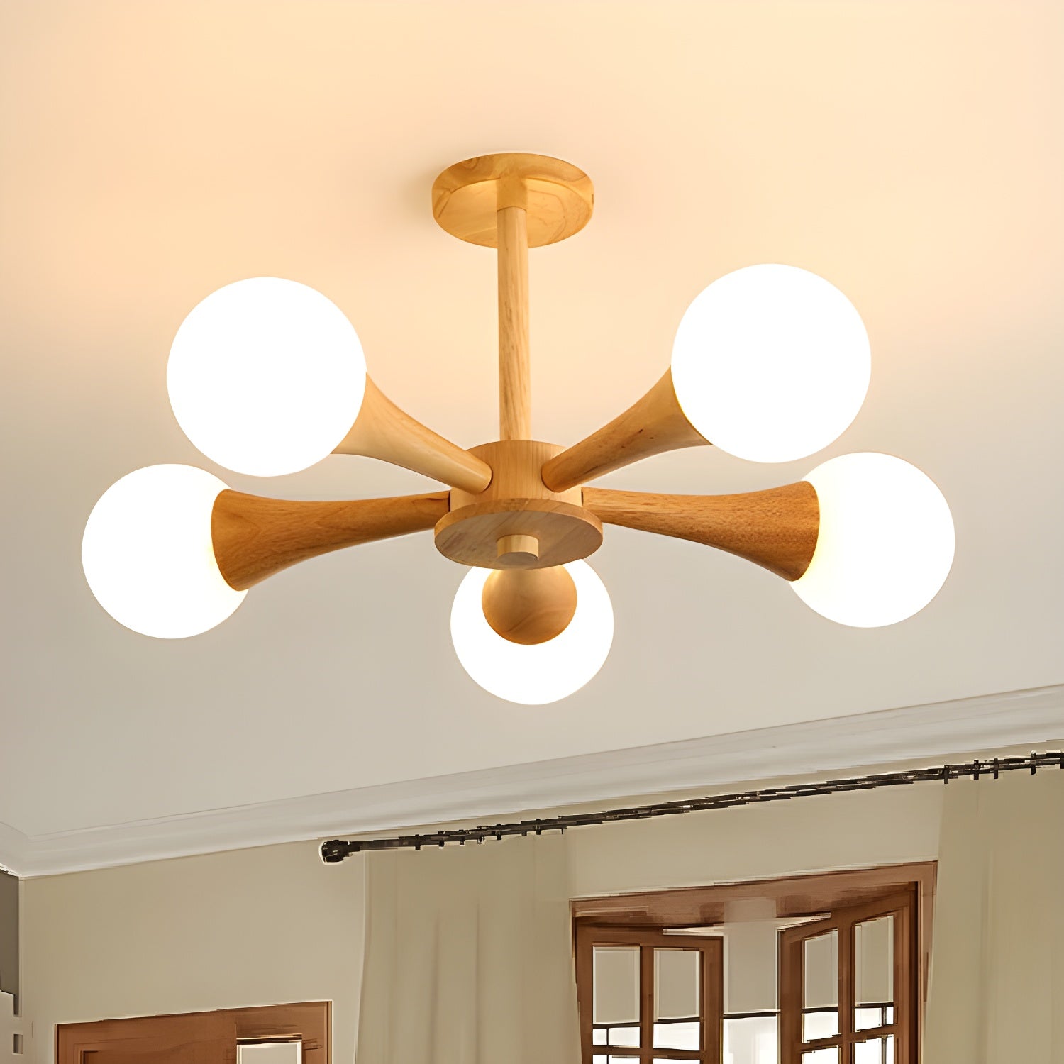 Modern Natural Wood Globe Semi-Flush Mount Ceiling Light with White Glass Shade
