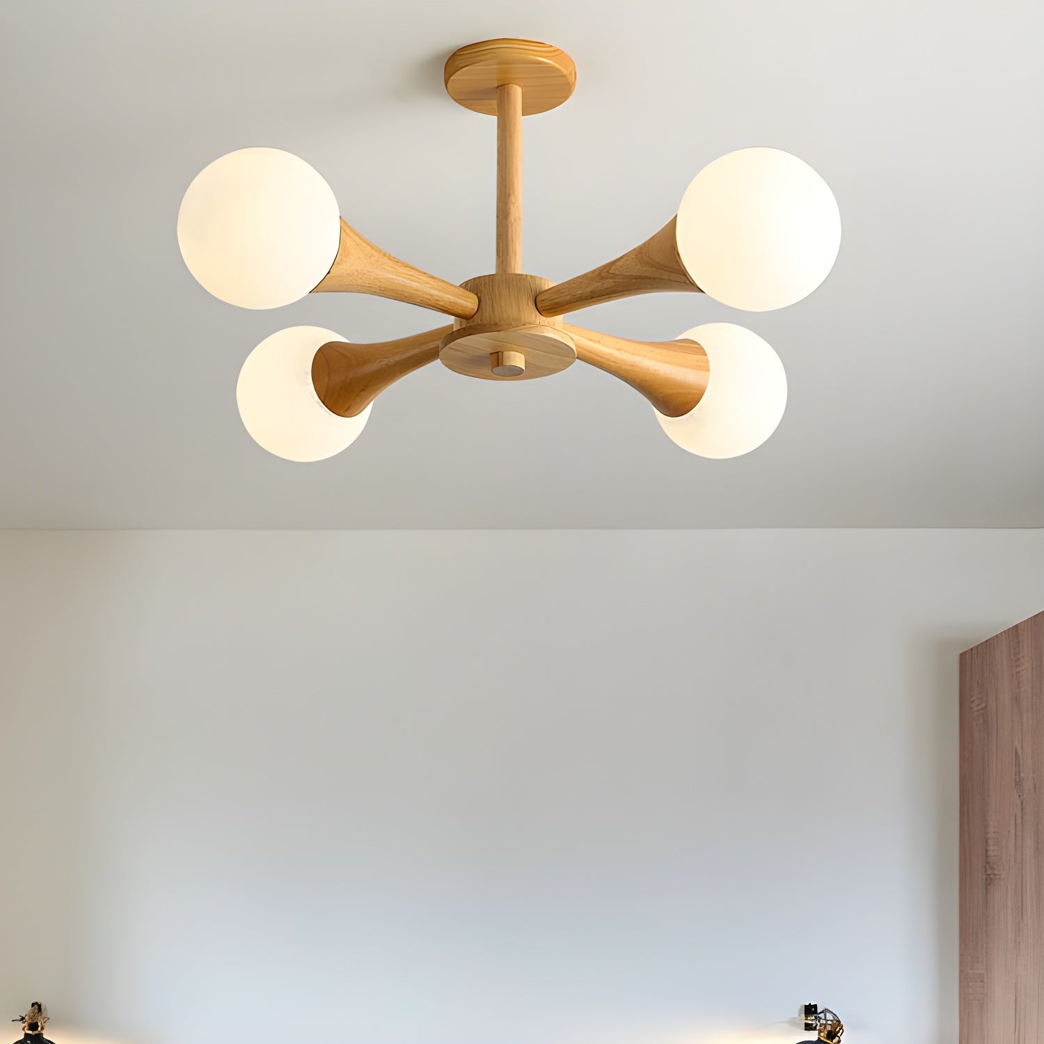 Modern Natural Wood Globe Semi-Flush Mount Ceiling Light with White Glass Shade