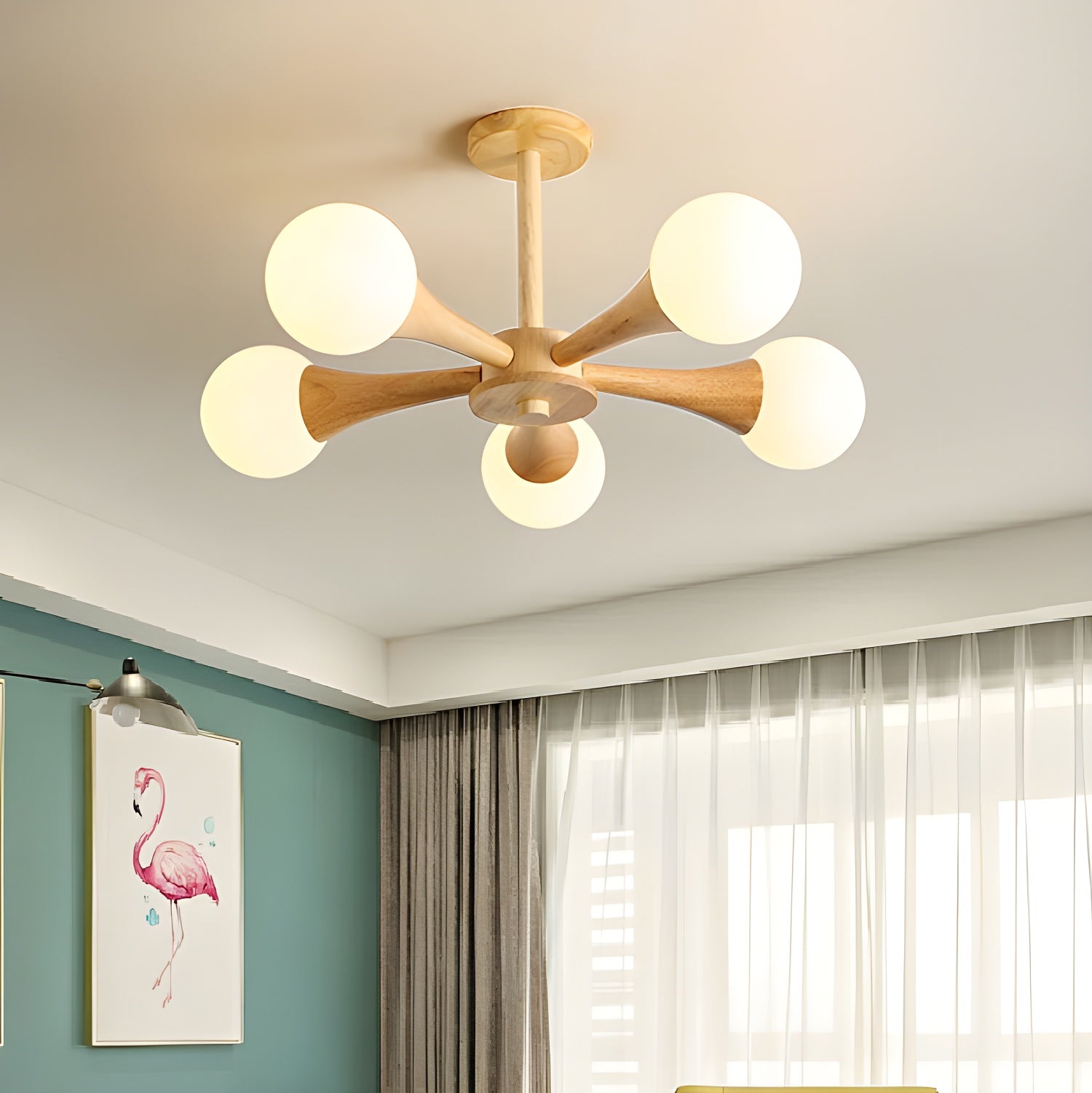 Modern Natural Wood Globe Semi-Flush Mount Ceiling Light with White Glass Shade