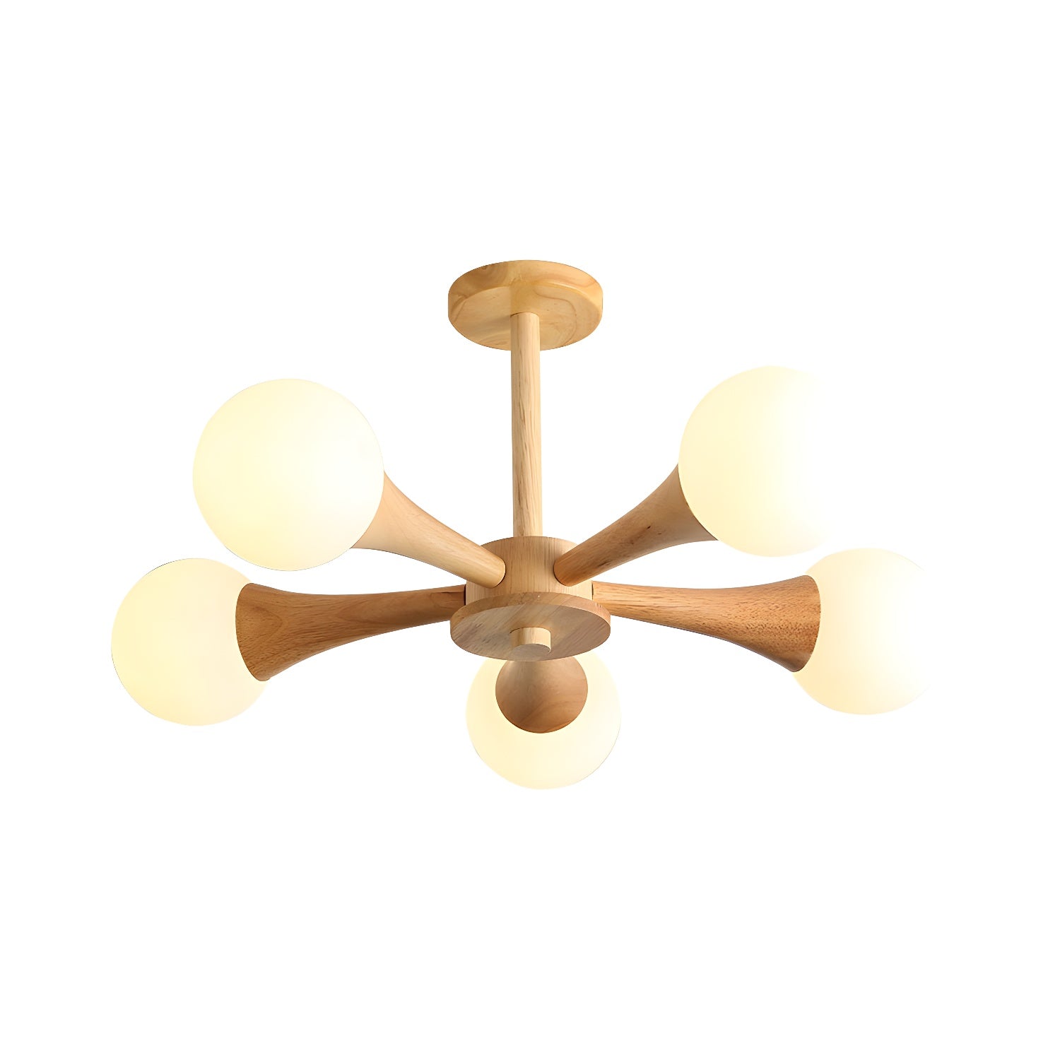 Modern Natural Wood Globe Semi-Flush Mount Ceiling Light with White Glass Shade