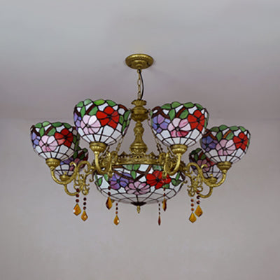 Stained Glass Scalloped Shade Suspension Light Rustic 9 Lights Inverted Chandelier with Flower Pattern for Bedroom Clearhalo 'Ceiling Lights' 'Chandeliers' 'Close To Ceiling Lights' 'Industrial' 'Middle Century Chandeliers' 'Tiffany Chandeliers' 'Tiffany close to ceiling' 'Tiffany' Lighting' 100384