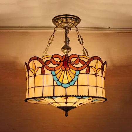 LED Bedroom Ceiling Lights, Victorian Semi Flush Mount Lighting in Antique Brass and Stained Glass Shade Clearhalo 'Ceiling Lights' 'Close To Ceiling Lights' 'Close to ceiling' 'Glass shade' 'Glass' 'Pendant Lights' 'Semi-flushmount' 'Tiffany close to ceiling' 'Tiffany' Lighting' 10043