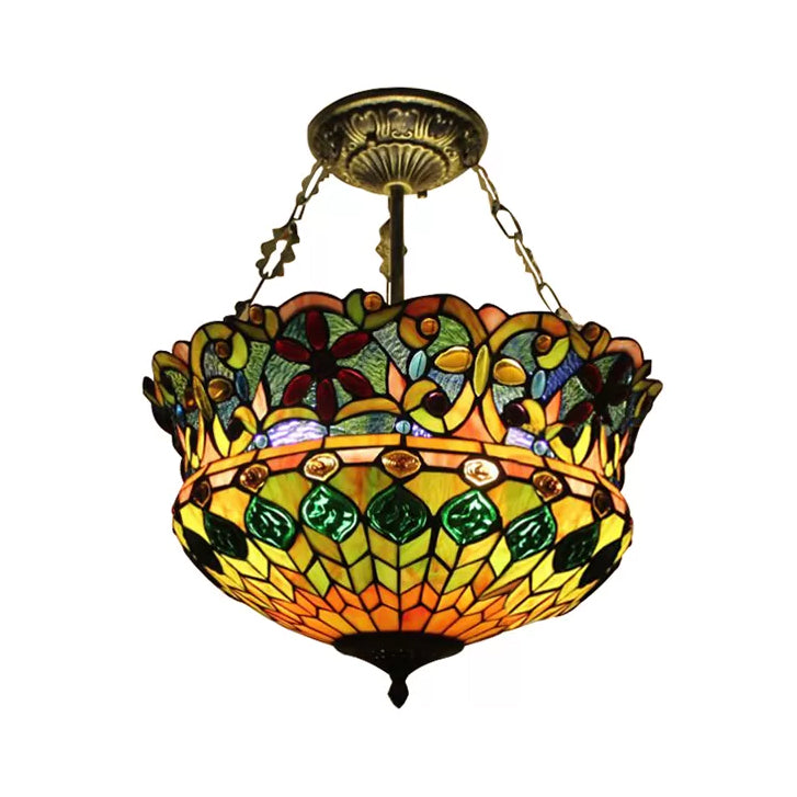 LED Bedroom Ceiling Lights, Victorian Semi Flush Mount Lighting in Antique Brass and Stained Glass Shade Antique Brass Gem Clearhalo 'Ceiling Lights' 'Close To Ceiling Lights' 'Close to ceiling' 'Glass shade' 'Glass' 'Pendant Lights' 'Semi-flushmount' 'Tiffany close to ceiling' 'Tiffany' Lighting' 10046