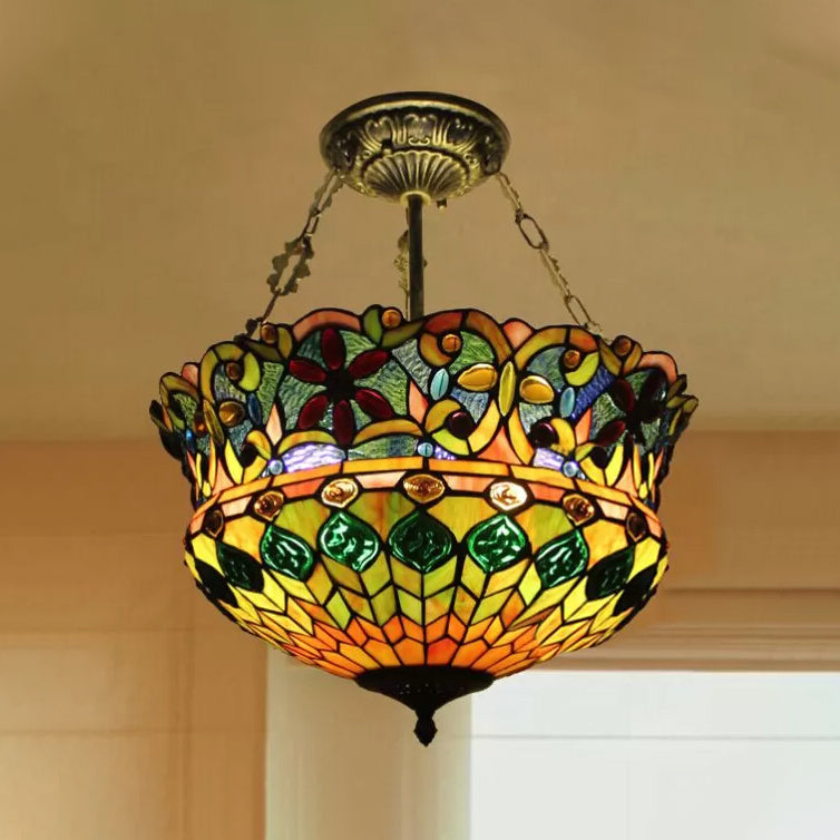 LED Bedroom Ceiling Lights, Victorian Semi Flush Mount Lighting in Antique Brass and Stained Glass Shade Clearhalo 'Ceiling Lights' 'Close To Ceiling Lights' 'Close to ceiling' 'Glass shade' 'Glass' 'Pendant Lights' 'Semi-flushmount' 'Tiffany close to ceiling' 'Tiffany' Lighting' 10048