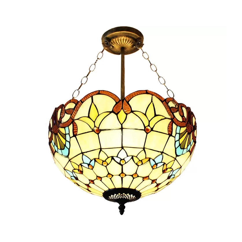 Bedroom Ceiling Lights LED, Upward Dome Semi Flush Light with Stained Glass Shade Victorian Style Beige 12" Clearhalo 'Ceiling Lights' 'Close To Ceiling Lights' 'Close to ceiling' 'Glass shade' 'Glass' 'Pendant Lights' 'Semi-flushmount' 'Tiffany close to ceiling' 'Tiffany' Lighting' 10093
