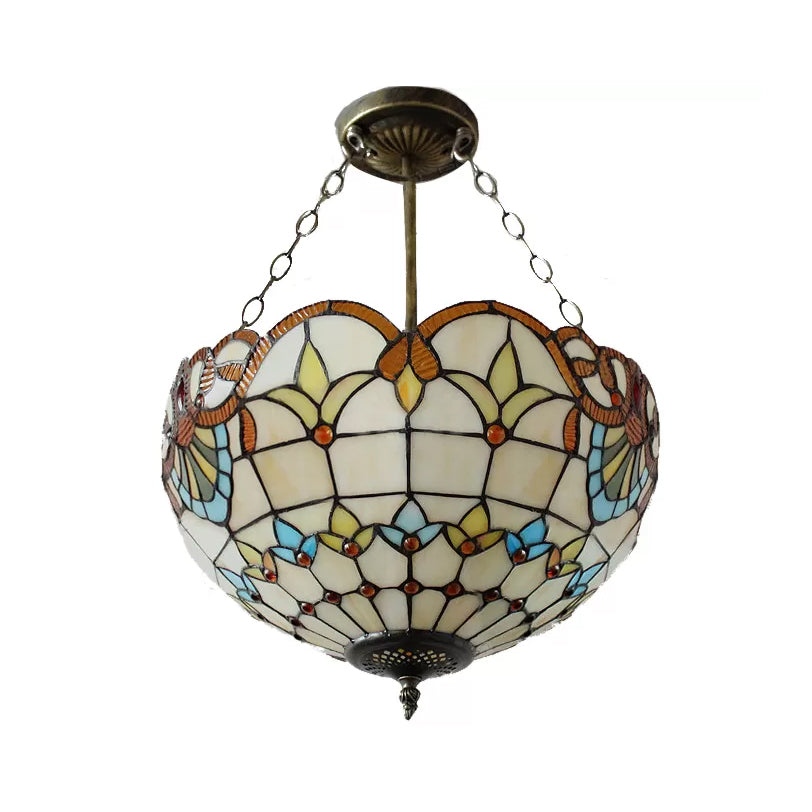 Bedroom Ceiling Lights LED, Upward Dome Semi Flush Light with Stained Glass Shade Victorian Style Clearhalo 'Ceiling Lights' 'Close To Ceiling Lights' 'Close to ceiling' 'Glass shade' 'Glass' 'Pendant Lights' 'Semi-flushmount' 'Tiffany close to ceiling' 'Tiffany' Lighting' 10094