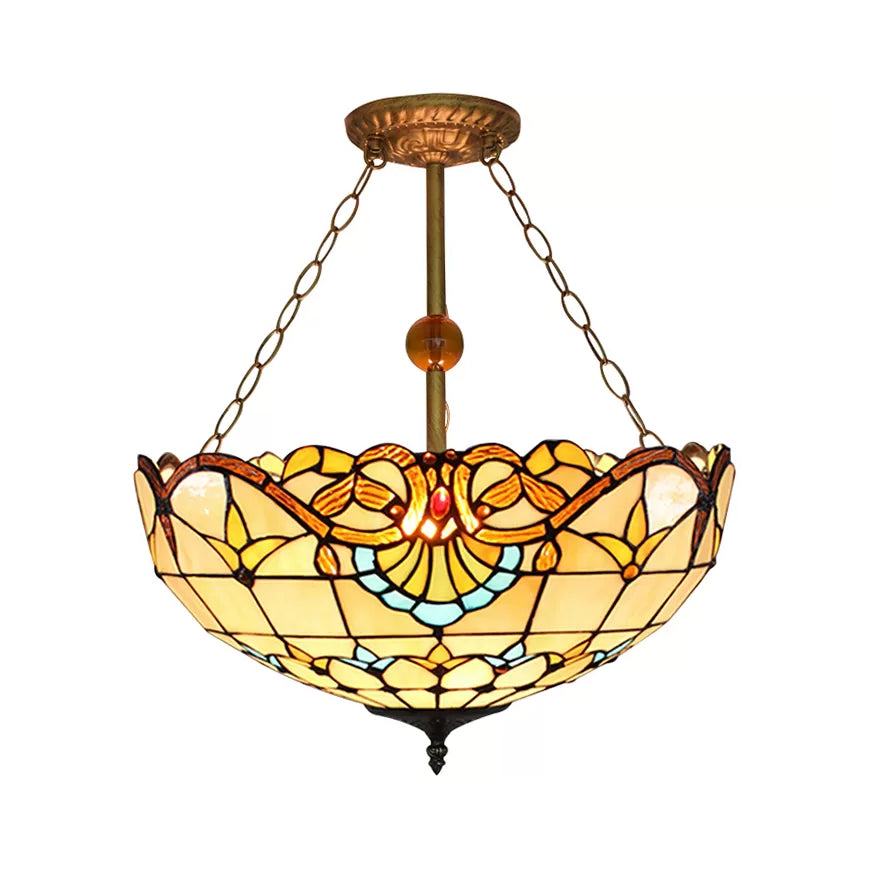 Bedroom Ceiling Lights LED, Upward Dome Semi Flush Light with Stained Glass Shade Victorian Style Clearhalo 'Ceiling Lights' 'Close To Ceiling Lights' 'Close to ceiling' 'Glass shade' 'Glass' 'Pendant Lights' 'Semi-flushmount' 'Tiffany close to ceiling' 'Tiffany' Lighting' 10095