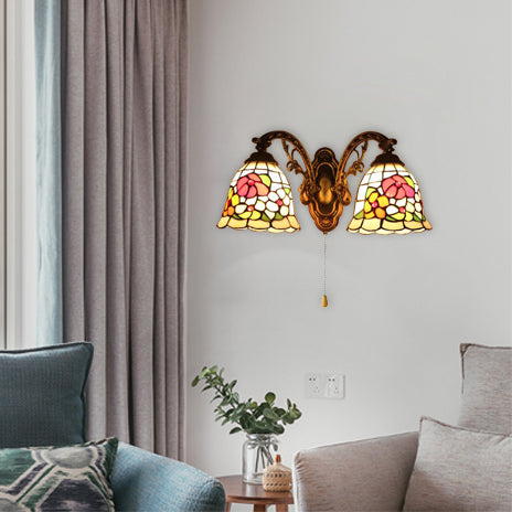 Beige Bell Wall Fixture Light Tiffany Stained Glass 2 Lights Flower Wall Sconce Lamp Fixture with Pull Switch Beige Clearhalo 'Industrial' 'Middle century wall lights' 'Tiffany wall lights' 'Tiffany' 'Wall Lamps & Sconces' 'Wall Lights' Lighting' 101477