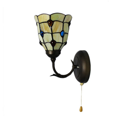 Stained Glass Peacock Wall Light with Colorful Bead Hallway 1 Light Tiffany Sconce Light in Beige Clearhalo 'Industrial' 'Middle century wall lights' 'Tiffany wall lights' 'Tiffany' 'Wall Lamps & Sconces' 'Wall Lights' Lighting' 102008