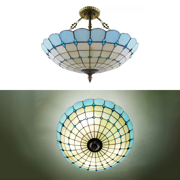 Bedroom Ceiling Light Glass, 4-Light Domed Semi Flush Mount Lighting in Antique Copper Tiffany Style, 8" High x 19.5" in Diameter Clearhalo 'Ceiling Lights' 'Close To Ceiling Lights' 'Close to ceiling' 'Glass shade' 'Glass' 'Semi-flushmount' 'Tiffany close to ceiling' 'Tiffany' Lighting' 10203