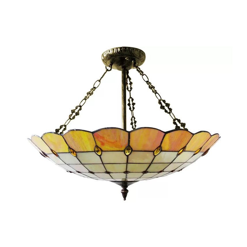 Bedroom Ceiling Light Glass, 4-Light Domed Semi Flush Mount Lighting in Antique Copper Tiffany Style, 8" High x 19.5" in Diameter Clearhalo 'Ceiling Lights' 'Close To Ceiling Lights' 'Close to ceiling' 'Glass shade' 'Glass' 'Semi-flushmount' 'Tiffany close to ceiling' 'Tiffany' Lighting' 10205