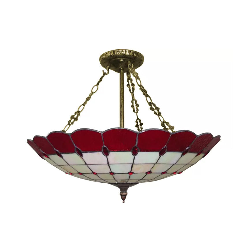 Bedroom Ceiling Light Glass, 4-Light Domed Semi Flush Mount Lighting in Antique Copper Tiffany Style, 8" High x 19.5" in Diameter Clearhalo 'Ceiling Lights' 'Close To Ceiling Lights' 'Close to ceiling' 'Glass shade' 'Glass' 'Semi-flushmount' 'Tiffany close to ceiling' 'Tiffany' Lighting' 10207