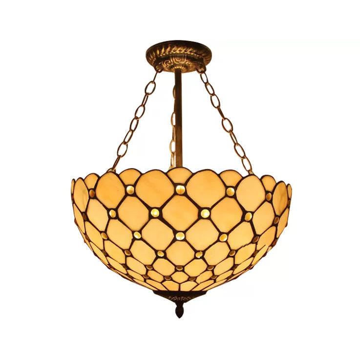 Bedroom Ceiling Light LED, Jeweled Semi Flush Mount Lighting in Antique Brass with Chain and Art Glass Shade Tiffany Style Beige 16" Clearhalo 'Ceiling Lights' 'Close To Ceiling Lights' 'Close to ceiling' 'Glass shade' 'Glass' 'Semi-flushmount' 'Tiffany close to ceiling' 'Tiffany' Lighting' 10220
