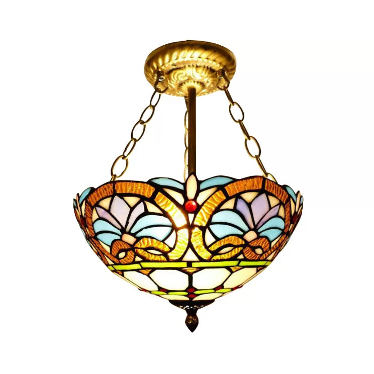 Bedroom Ceiling Light LED, Inverted Bowl Semi Flush Light in Antique Brass Victorian Style Brass 12" Clearhalo 'Ceiling Lights' 'Close To Ceiling Lights' 'Close to ceiling' 'Glass shade' 'Glass' 'Semi-flushmount' 'Tiffany close to ceiling' 'Tiffany' Lighting' 10254