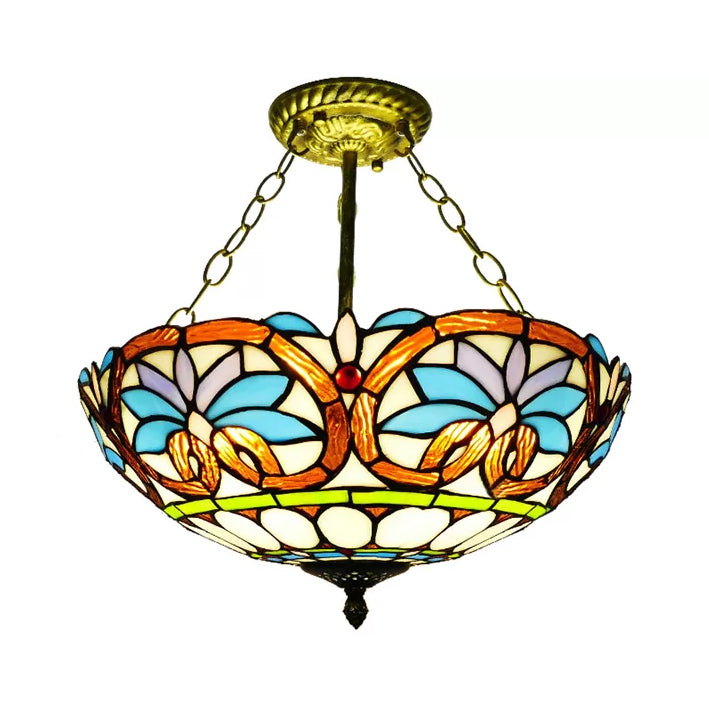 Bedroom Ceiling Light LED, Inverted Bowl Semi Flush Light in Antique Brass Victorian Style Brass 16" Clearhalo 'Ceiling Lights' 'Close To Ceiling Lights' 'Close to ceiling' 'Glass shade' 'Glass' 'Semi-flushmount' 'Tiffany close to ceiling' 'Tiffany' Lighting' 10256