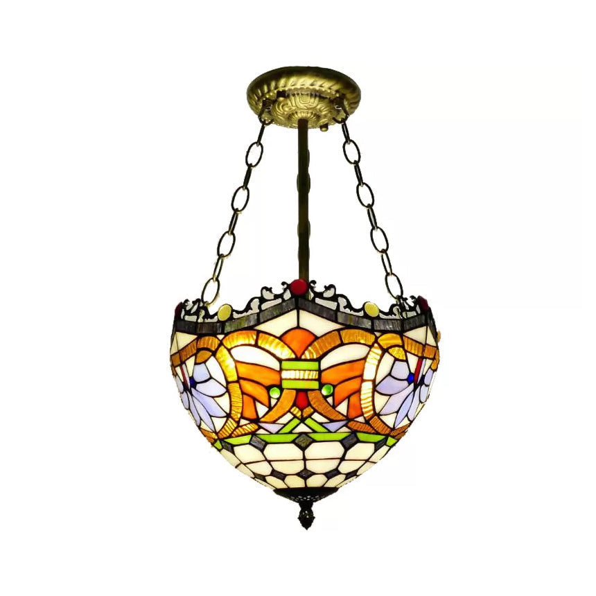 Bedroom Ceiling Light LED, Inverted Bowl Semi Flush Light in Antique Brass Victorian Style Bronze 12" Clearhalo 'Ceiling Lights' 'Close To Ceiling Lights' 'Close to ceiling' 'Glass shade' 'Glass' 'Semi-flushmount' 'Tiffany close to ceiling' 'Tiffany' Lighting' 10258