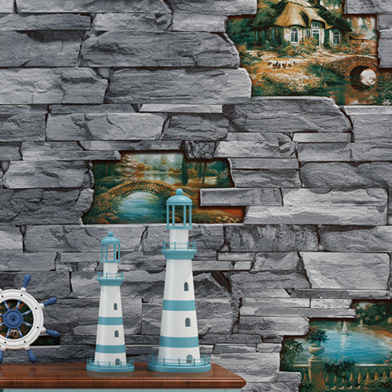 Stacked Brickwork Wallpaper Roll for Accent Wall, Neutral Color, 31'L x 20.5"W, Non-Pasted Grey Clearhalo 'Industrial wall decor' 'Industrial' 'Wallpaper' Wall Decor' 1025958