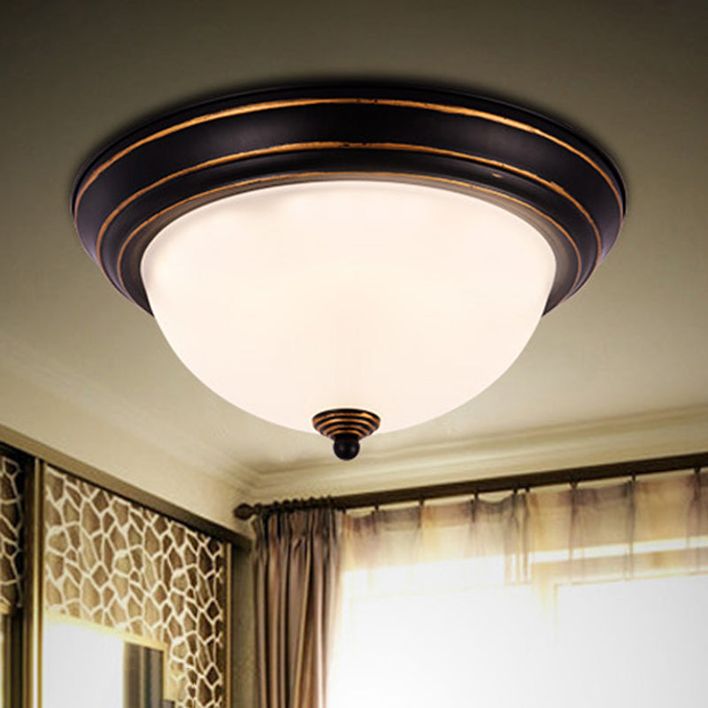 Countryside Semi-Sphere Flush Ceiling Light Milky Glass LED Flush Mount Lighting in Black for Study Room, 13"/15" W Black Clearhalo 'Ceiling Lights' 'Close To Ceiling Lights' 'Close to ceiling' 'Flush mount' Lighting' 1030395