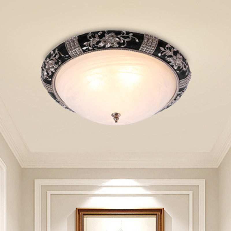 Black-Gold Semi-Orb Flush Mount Lamp Classic Satin Glass 1/2-Light 14"/19.5" W Hallway Ceiling Fixture Clearhalo 'Ceiling Lights' 'Close To Ceiling Lights' 'Close to ceiling' 'Flush mount' Lighting' 1030431
