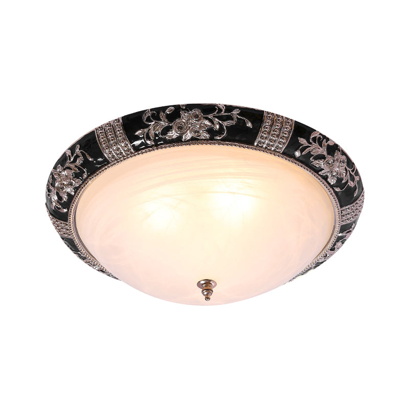 Black-Gold Semi-Orb Flush Mount Lamp Classic Satin Glass 1/2-Light 14"/19.5" W Hallway Ceiling Fixture Clearhalo 'Ceiling Lights' 'Close To Ceiling Lights' 'Close to ceiling' 'Flush mount' Lighting' 1030432