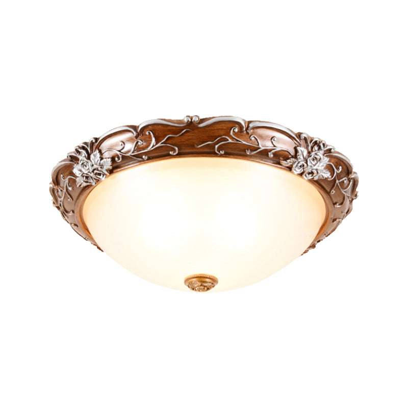Milky Glass Brown Ceiling Lamp Semi-Spherical 3 Bulbs Countryside Flush Mount Lighting with Flower Pattern Clearhalo 'Ceiling Lights' 'Close To Ceiling Lights' 'Close to ceiling' 'Flush mount' Lighting' 1030445