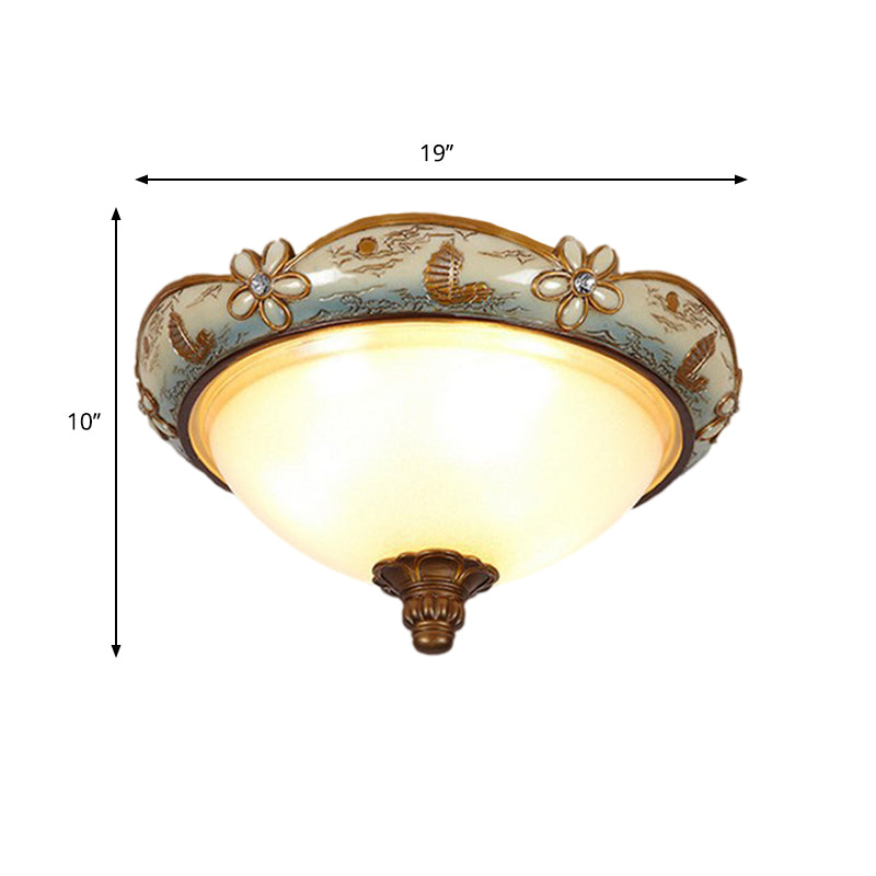 Blue-White Single Light Flush Mount Vintage Opaline Glass Dome Ceiling Lamp with Bloom Decoration Clearhalo 'Ceiling Lights' 'Close To Ceiling Lights' 'Close to ceiling' 'Flush mount' Lighting' 1030450