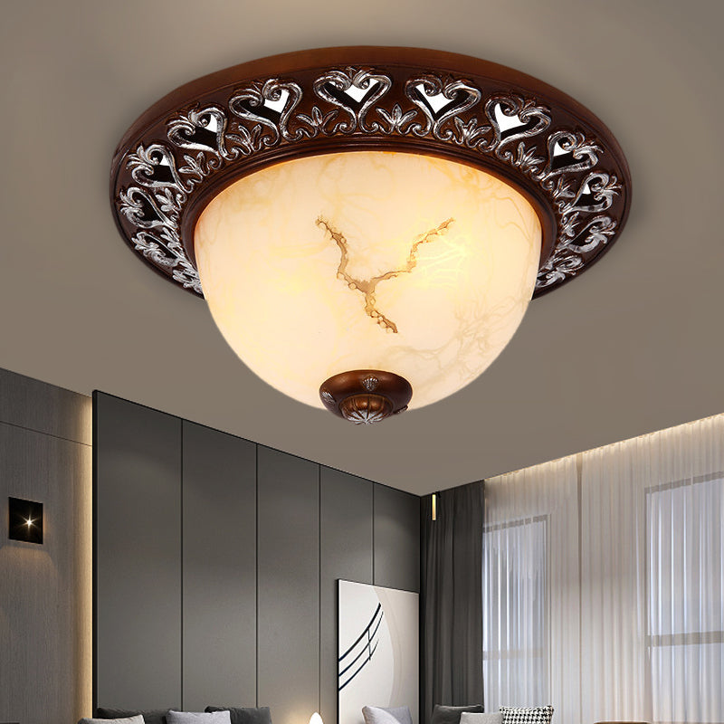 Retro Bowl-Like Flush Mounted Light 2/3/4-Bulb Crackle Glass Ceiling Fixture in Coffee for Balcony, 12"/16"/19.5" W Clearhalo 'Ceiling Lights' 'Close To Ceiling Lights' 'Close to ceiling' 'Flush mount' Lighting' 1030458