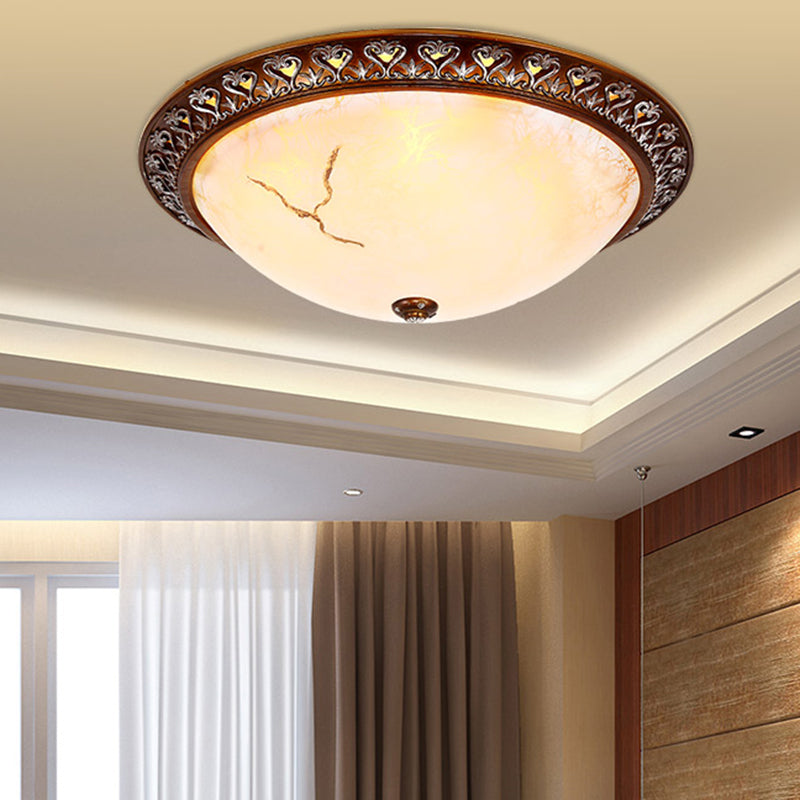 Retro Bowl-Like Flush Mounted Light 2/3/4-Bulb Crackle Glass Ceiling Fixture in Coffee for Balcony, 12"/16"/19.5" W Coffee 19.5" Clearhalo 'Ceiling Lights' 'Close To Ceiling Lights' 'Close to ceiling' 'Flush mount' Lighting' 1030466