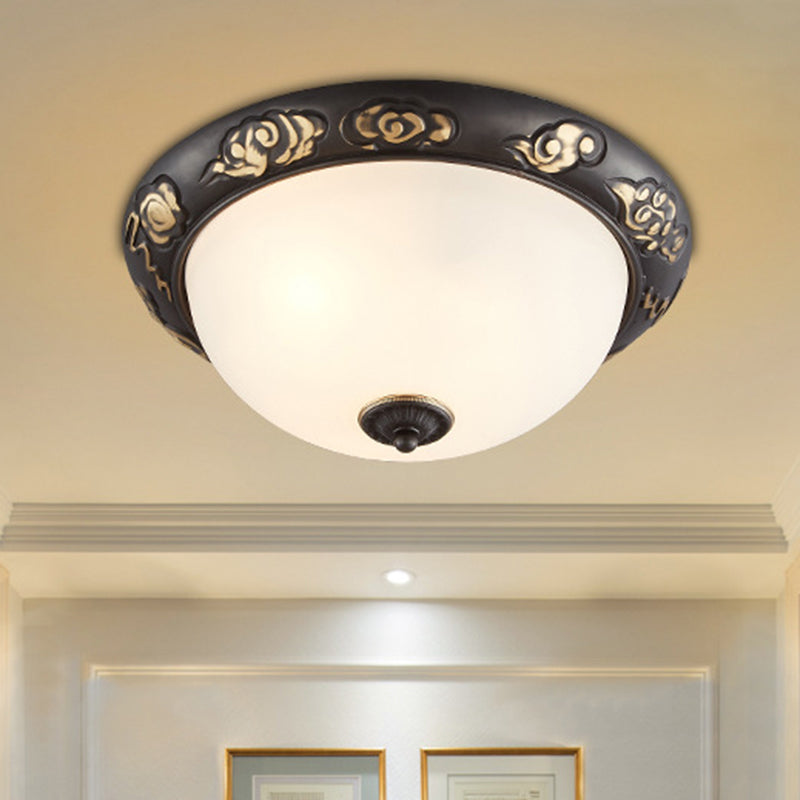 15"/19.5" Wide Milk Glass Black-Gold Ceiling Lamp Dome Shape 3/4 Lights Retro Flush Mount Fixture for Bedroom Clearhalo 'Ceiling Lights' 'Close To Ceiling Lights' 'Close to ceiling' 'Flush mount' Lighting' 1030495