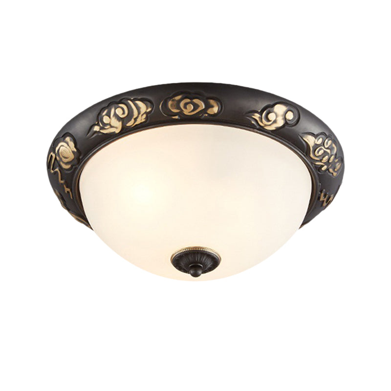 15"/19.5" Wide Milk Glass Black-Gold Ceiling Lamp Dome Shape 3/4 Lights Retro Flush Mount Fixture for Bedroom Clearhalo 'Ceiling Lights' 'Close To Ceiling Lights' 'Close to ceiling' 'Flush mount' Lighting' 1030496