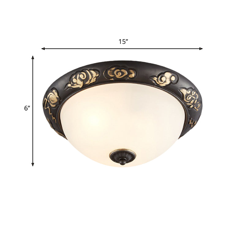 15"/19.5" Wide Milk Glass Black-Gold Ceiling Lamp Dome Shape 3/4 Lights Retro Flush Mount Fixture for Bedroom Clearhalo 'Ceiling Lights' 'Close To Ceiling Lights' 'Close to ceiling' 'Flush mount' Lighting' 1030497