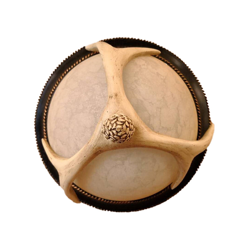 2-Head Semi-Ball Flush Mount Lighting Classic Wood Resin Ceiling Fixture with Antler Deco for Bedroom Clearhalo 'Ceiling Lights' 'Close To Ceiling Lights' 'Close to ceiling' 'Flush mount' Lighting' 1030530
